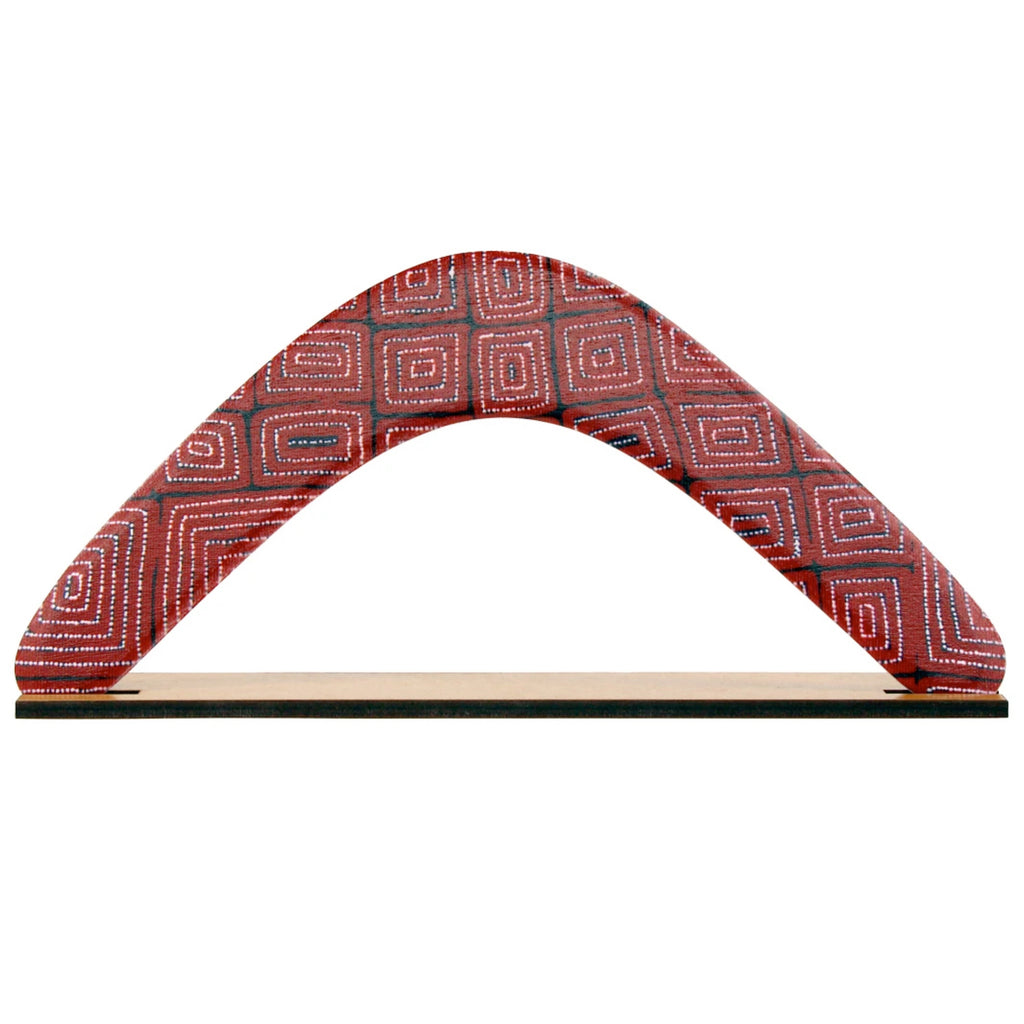 14" / 35cm RETURNING BOOMERANG + STAND - ABORIGINAL ART - MADE IN AUSTRALIA - THOMAS TJAPALTJARRI - INDIGENOUS, SOUVENIR, GIFT