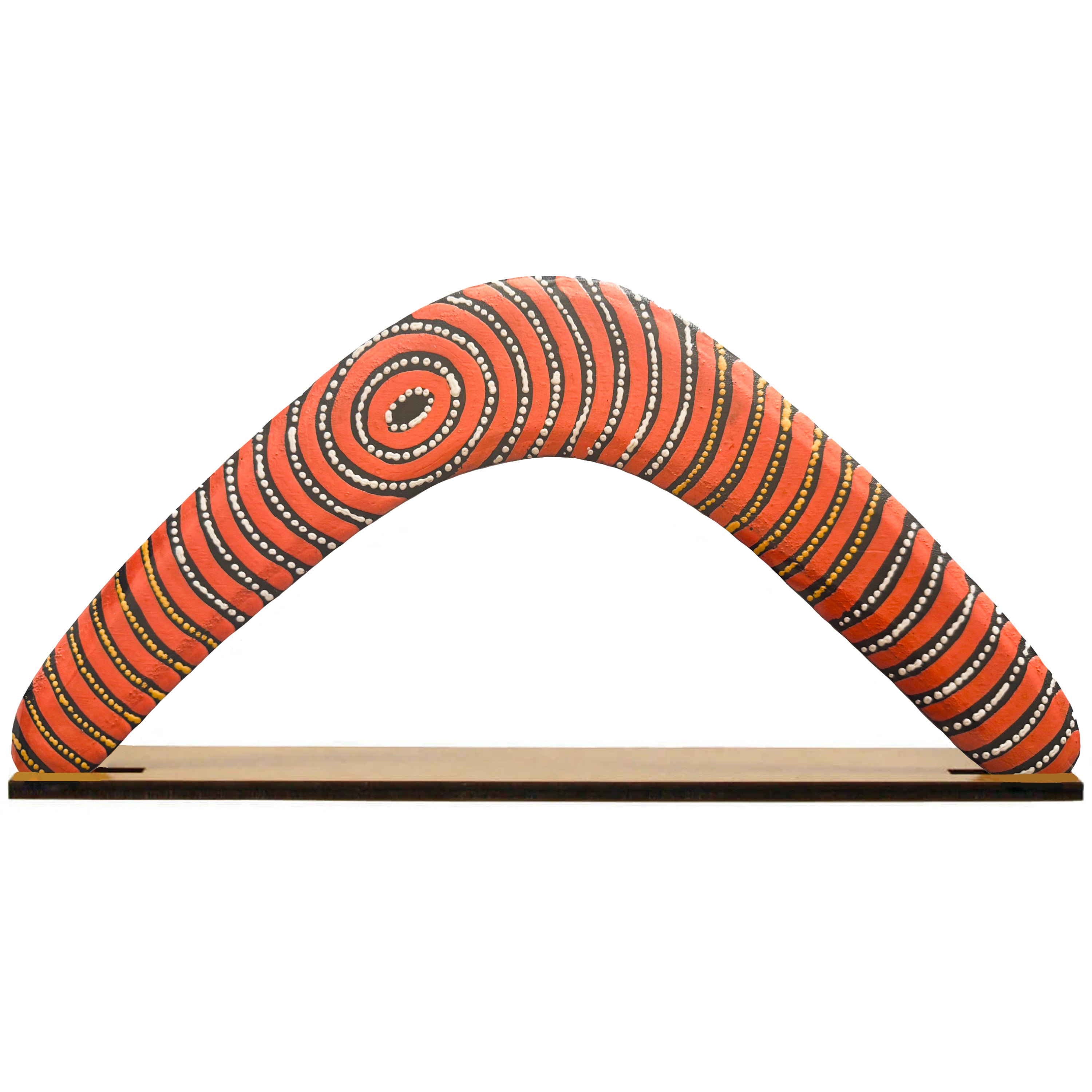 14" / 35cm RETURNING BOOMERANG + STAND - ABORIGINAL ART - WENTJA MORGAN - AUSTRALIA, INDIGENOUS, SOUVENIR, GIFT