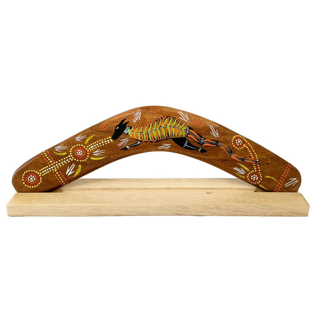 14" / 35cm BOOMERANG + STAND - HARDWOOD - ABORIGINAL ART - KANGAROO - AUSTRALIA, INDIGENOUS, SOUVENIR, GIFT