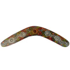 14" / 35cm BOOMERANG + STAND - HARDWOOD - ABORIGINAL ART - WOMEN GATHERING AT WATERHOLES - AUSTRALIA, INDIGENOUS, SOUVENIR, GIFT