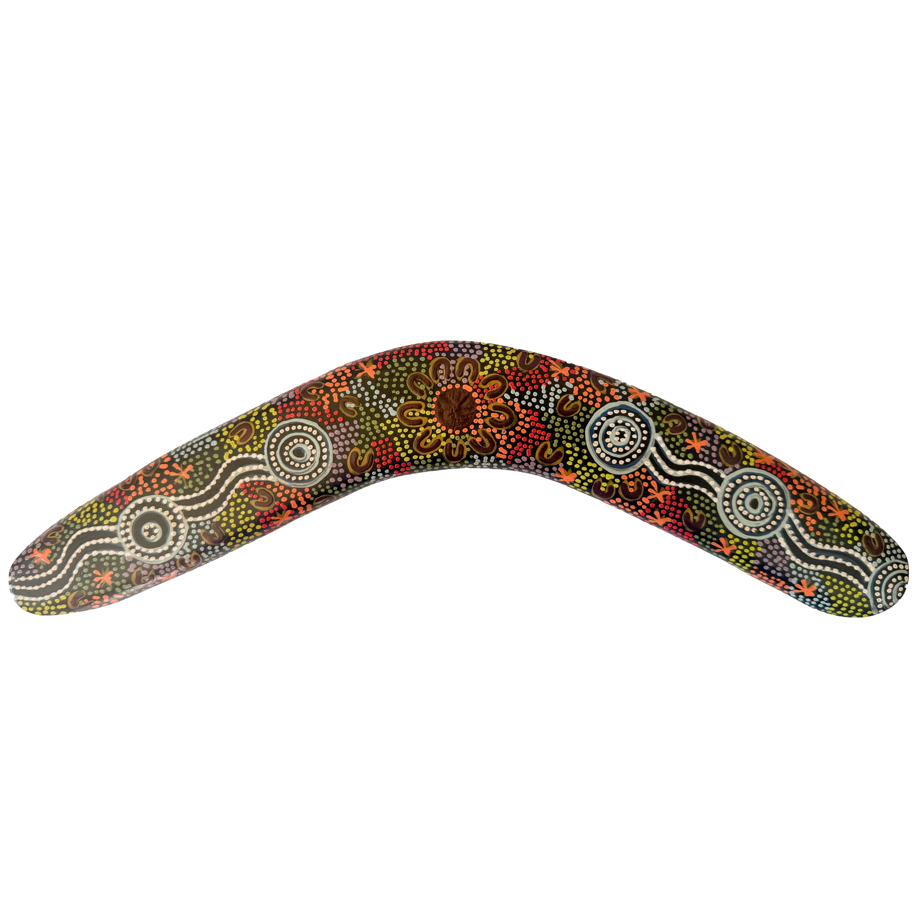 14" / 35cm BOOMERANG + STAND - HARDWOOD - ABORIGINAL ART - WOMEN GATHERING AT WATERHOLES - AUSTRALIA, INDIGENOUS, SOUVENIR, GIFT