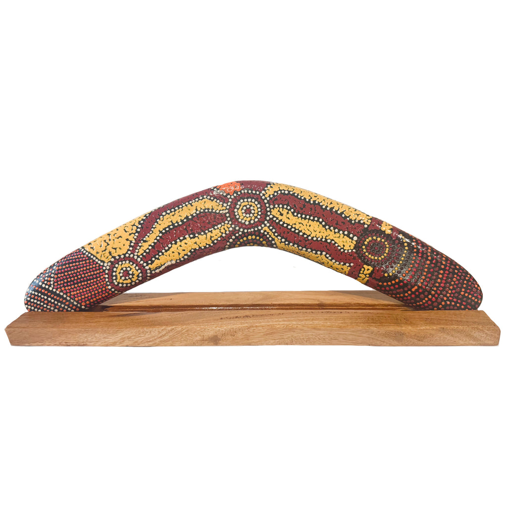 14" / 35cm BOOMERANG + STAND - HARDWOOD - ABORIGINAL ART - ALISON MUNTI RILEY, YELLOW RED - AUSTRALIA, INDIGENOUS, SOUVENIR, GIFT