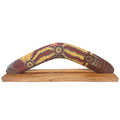 14" / 35cm BOOMERANG + STAND - HARDWOOD - ABORIGINAL ART - ALISON MUNTI RILEY, YELLOW RED - AUSTRALIA, INDIGENOUS, SOUVENIR, GIFT