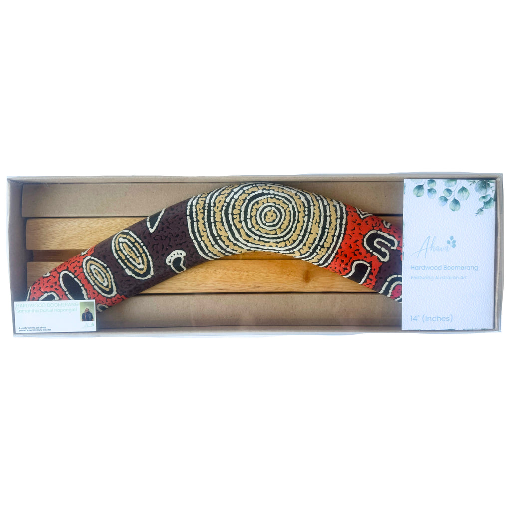 14" / 35cm BOOMERANG + STAND - HARDWOOD - ABORIGINAL ART - SAMANTHA NAPANGARTI - AUSTRALIA, INDIGENOUS, SOUVENIR, GIFT