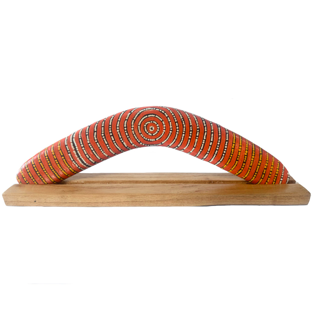 14" / 35cm BOOMERANG + STAND - HARDWOOD - ABORIGINAL ART - WENTJA MORGAN - AUSTRALIA, INDIGENOUS, SOUVENIR, GIFT