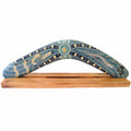 14" / 35cm BOOMERANG + STAND - HARDWOOD - ABORIGINAL ART - BUSH TUCKER BLUE - AUSTRALIA, INDIGENOUS, SOUVENIR, GIFT