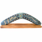 14" / 35cm BOOMERANG + STAND - HARDWOOD - ABORIGINAL ART - BUSH TUCKER BLUE - AUSTRALIA, INDIGENOUS, SOUVENIR, GIFT