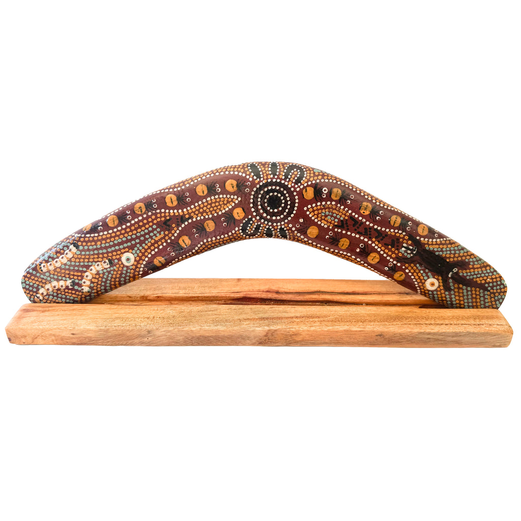 14" / 35cm BOOMERANG + STAND - HARDWOOD - ABORIGINAL ART - BUSH TUCKER TAN - AUSTRALIA, INDIGENOUS, SOUVENIR, GIFT