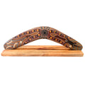14" / 35cm BOOMERANG + STAND - HARDWOOD - ABORIGINAL ART - BUSH TUCKER TAN - AUSTRALIA, INDIGENOUS, SOUVENIR, GIFT