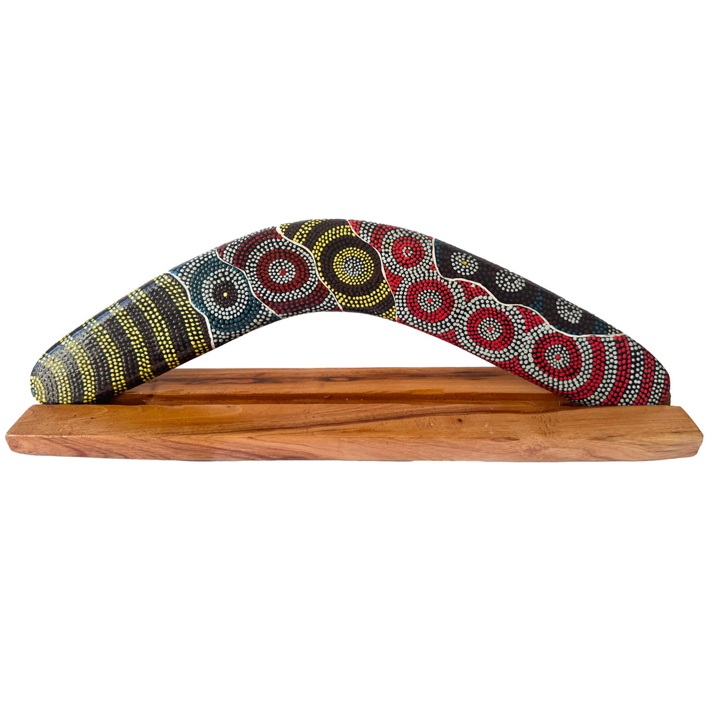 14" / 35cm BOOMERANG + STAND - HARDWOOD - ABORIGINAL ART - CINDY WALLACE, CIRCLES - AUSTRALIA, INDIGENOUS, SOUVENIR, GIFT