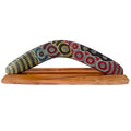 14" / 35cm BOOMERANG + STAND - HARDWOOD - ABORIGINAL ART - CINDY WALLACE, CIRCLES - AUSTRALIA, INDIGENOUS, SOUVENIR, GIFT