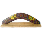 14" / 35cm BOOMERANG + STAND - HARDWOOD - ABORIGINAL ART - CINDY WALLACE, PURPLE, YELLOW - AUSTRALIA, INDIGENOUS, SOUVENIR, GIFT