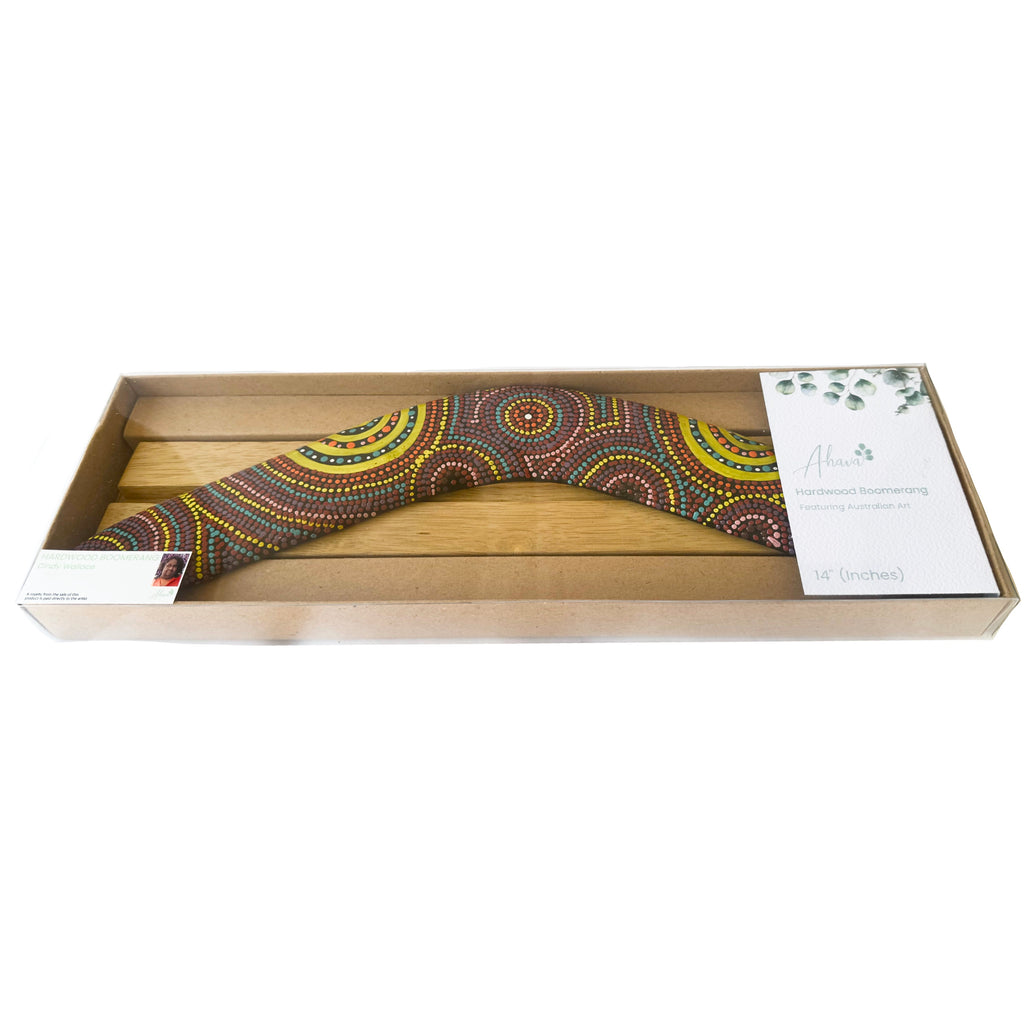 14" / 35cm BOOMERANG + STAND - HARDWOOD - ABORIGINAL ART - CINDY WALLACE, PURPLE, YELLOW - AUSTRALIA, INDIGENOUS, SOUVENIR, GIFT