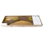 14" / 35cm BOOMERANG + STAND - HARDWOOD - ABORIGINAL ART - CINDY WALLACE, PURPLE, YELLOW - AUSTRALIA, INDIGENOUS, SOUVENIR, GIFT