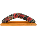 14" / 35cm BOOMERANG + STAND - HARDWOOD - ABORIGINAL ART - DESERT CAMPS - AUSTRALIA, INDIGENOUS, SOUVENIR, GIFT