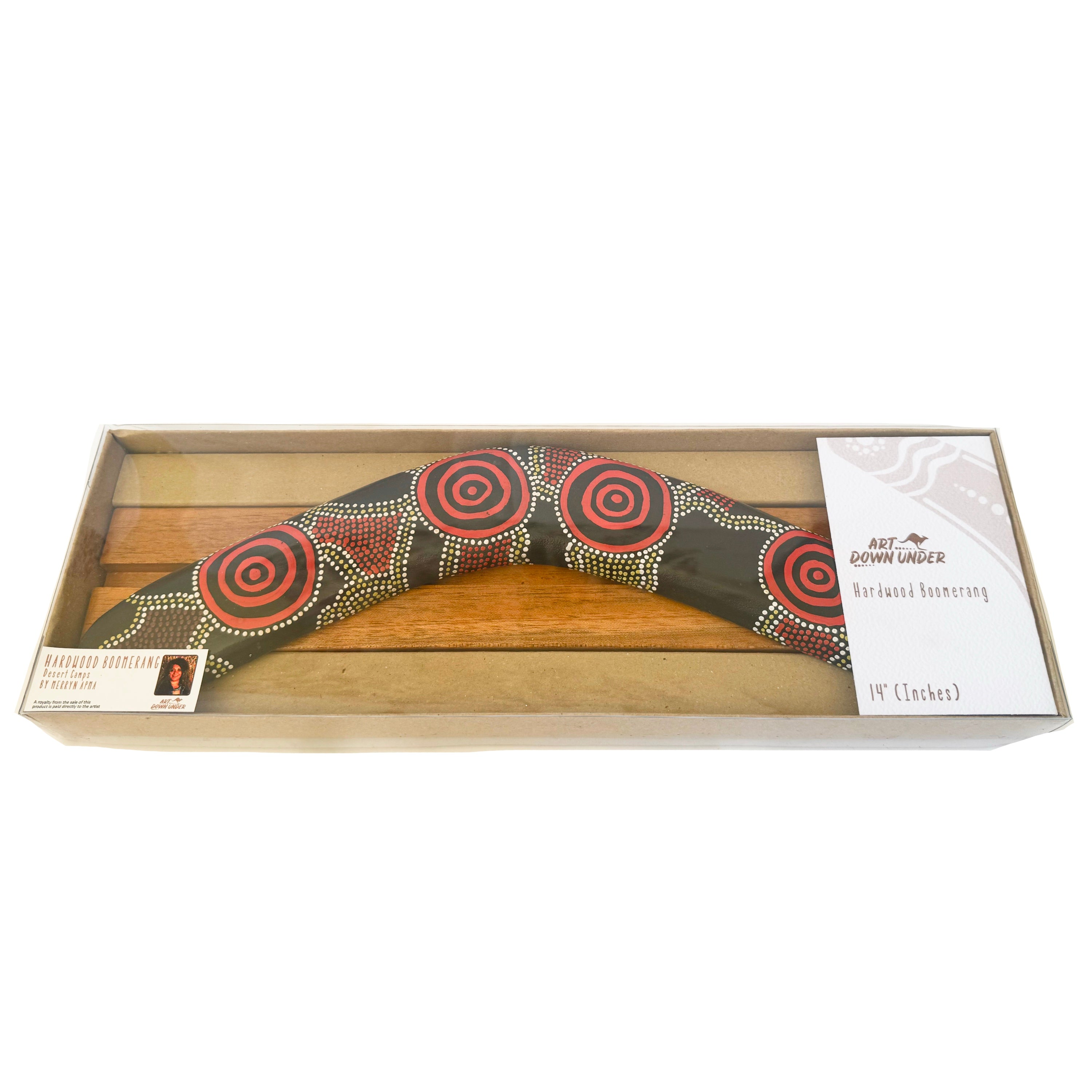 14" / 35cm BOOMERANG + STAND - HARDWOOD - ABORIGINAL ART - DESERT CAMPS - AUSTRALIA, INDIGENOUS, SOUVENIR, GIFT