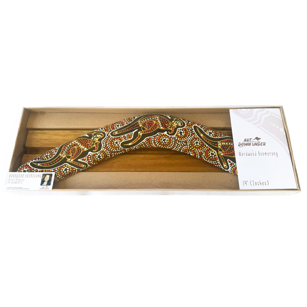 14" / 35cm BOOMERANG + STAND - HARDWOOD - ABORIGINAL ART - DESERT KANGAROO - AUSTRALIA, INDIGENOUS, SOUVENIR, GIFT