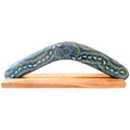 14" / 35cm BOOMERANG + STAND - HARDWOOD - ABORIGINAL ART - ON WALKABOUT BLUE - AUSTRALIA, INDIGENOUS, SOUVENIR, GIFT