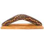 14" / 35cm BOOMERANG + STAND - HARDWOOD - ABORIGINAL ART - ON WALKABOUT OCHRE - AUSTRALIA, INDIGENOUS, SOUVENIR, GIFT