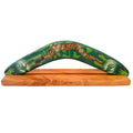 14" / 35cm BOOMERANG + STAND - HARDWOOD - ABORIGINAL ART - SNAKE, GREEN - AUSTRALIA, INDIGENOUS, SOUVENIR, GIFT
