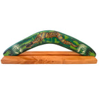 14" / 35cm BOOMERANG + STAND - HARDWOOD - ABORIGINAL ART - SNAKE, GREEN - AUSTRALIA, INDIGENOUS, SOUVENIR, GIFT