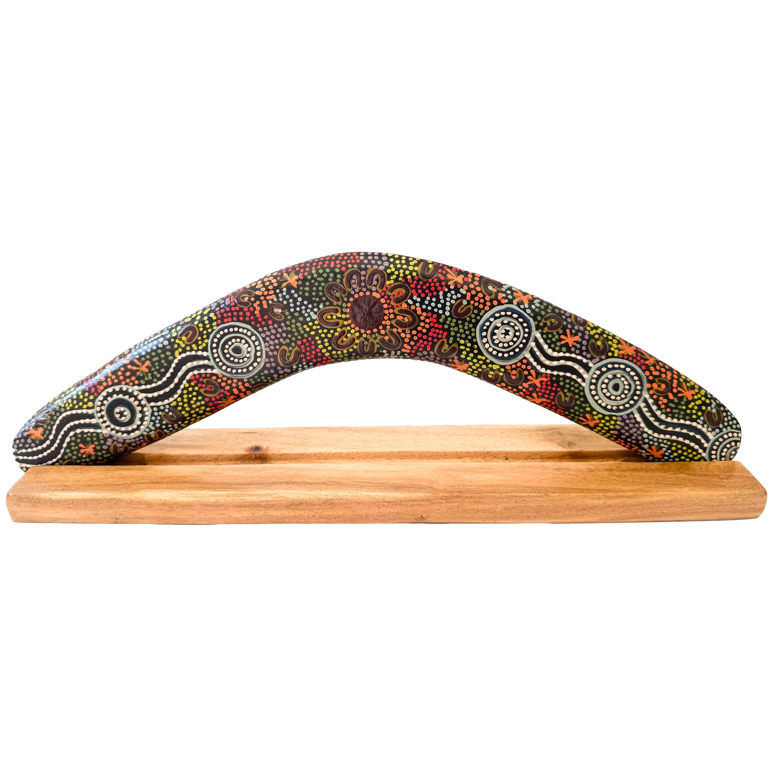 14" / 35cm BOOMERANG + STAND - HARDWOOD - ABORIGINAL ART - WOMEN GATHERING AT WATERHOLES - AUSTRALIA, INDIGENOUS, SOUVENIR, GIFT