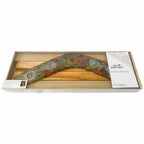 14" / 35cm BOOMERANG + STAND - HARDWOOD - ABORIGINAL ART - WOMEN GATHERING AT WATERHOLES - AUSTRALIA, INDIGENOUS, SOUVENIR, GIFT