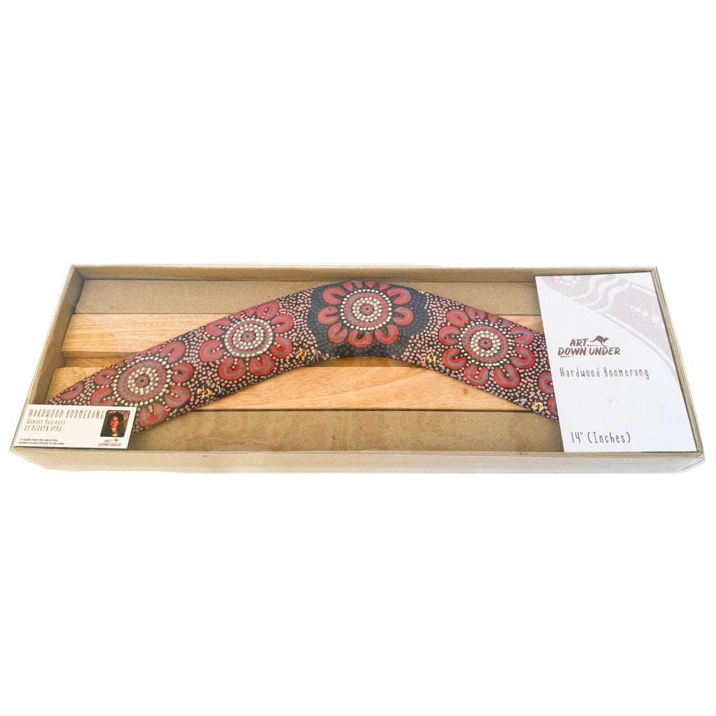 14" / 35cm BOOMERANG + STAND - HARDWOOD - ABORIGINAL ART - WOMEN’S BUSINESS - AUSTRALIA, INDIGENOUS, SOUVENIR, GIFT