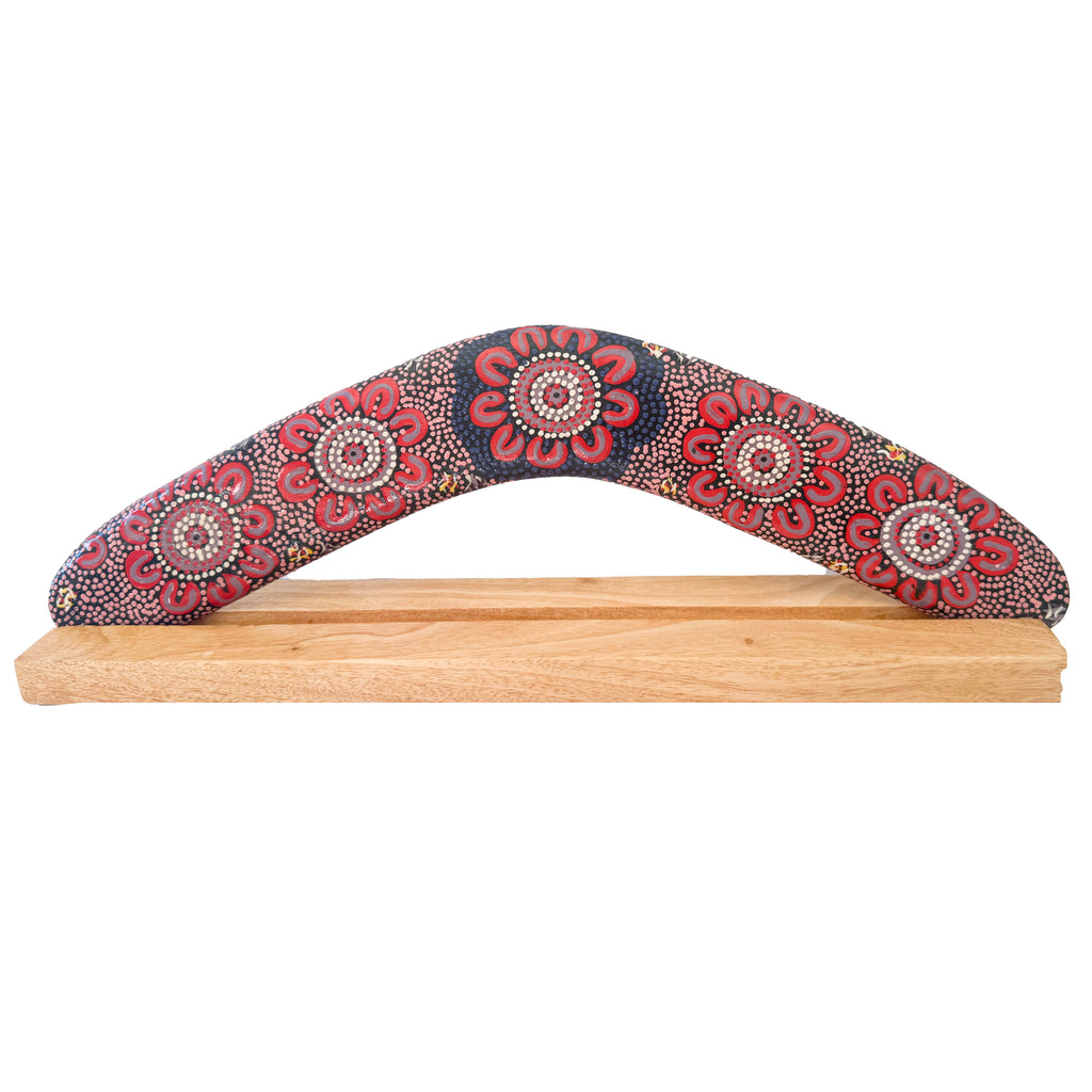 14" / 35cm BOOMERANG + STAND - HARDWOOD - ABORIGINAL ART - WOMEN’S BUSINESS - AUSTRALIA, INDIGENOUS, SOUVENIR, GIFT