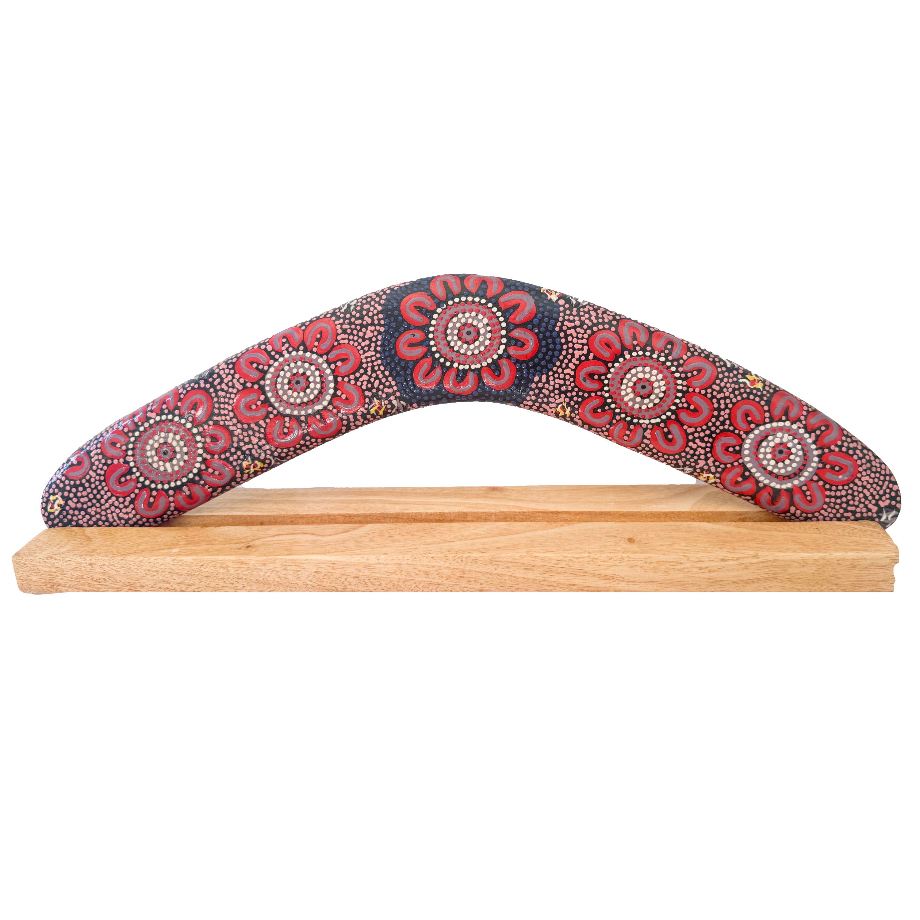 14" / 35cm BOOMERANG + STAND - HARDWOOD - ABORIGINAL ART - WOMEN’S BUSINESS - AUSTRALIA, INDIGENOUS, SOUVENIR, GIFT