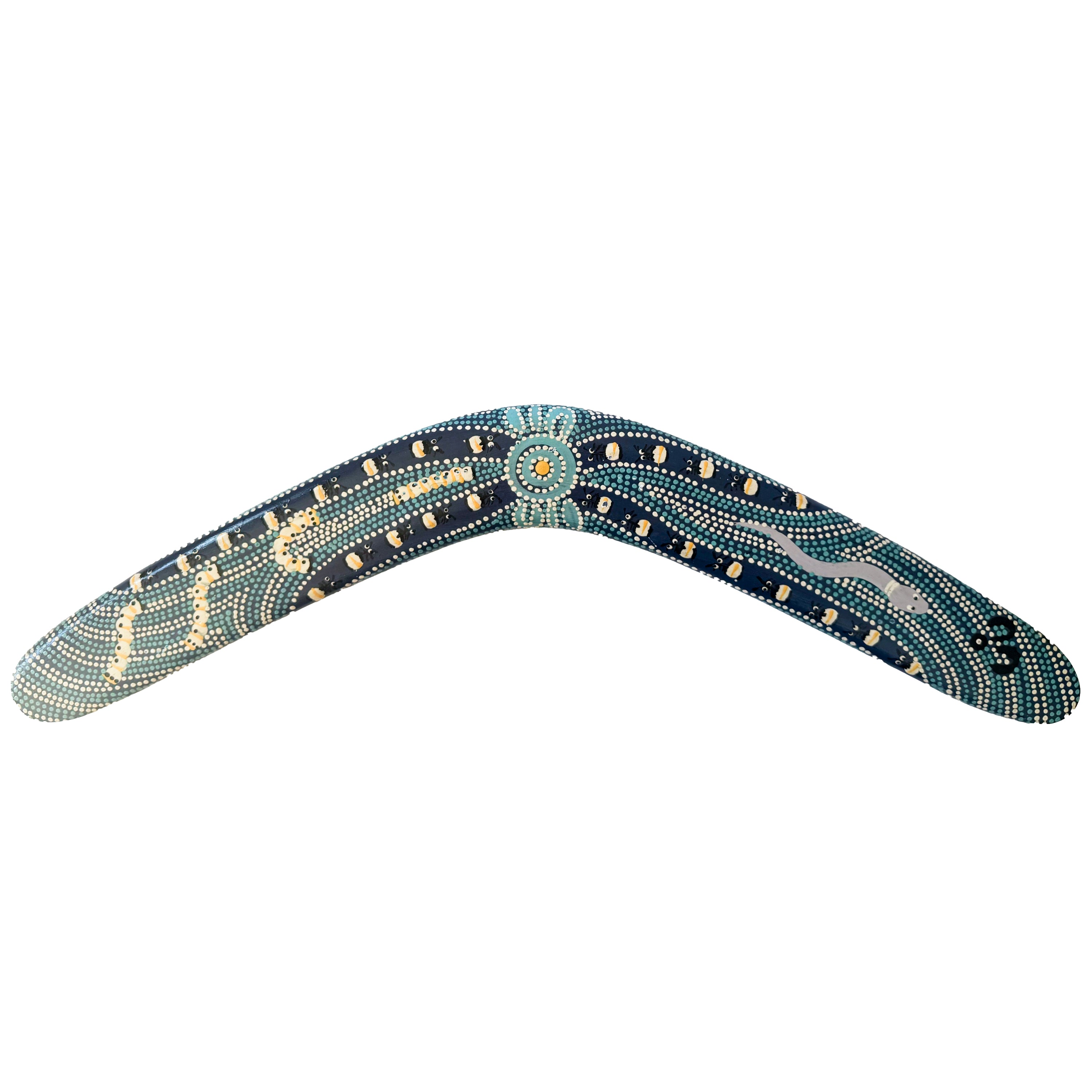 22" / 55cm BOOMERANG - HARDWOOD - ABORIGINAL ART - BUSH TUCKER BLUE - AUSTRALIA, INDIGENOUS, SOUVENIR, GIFT