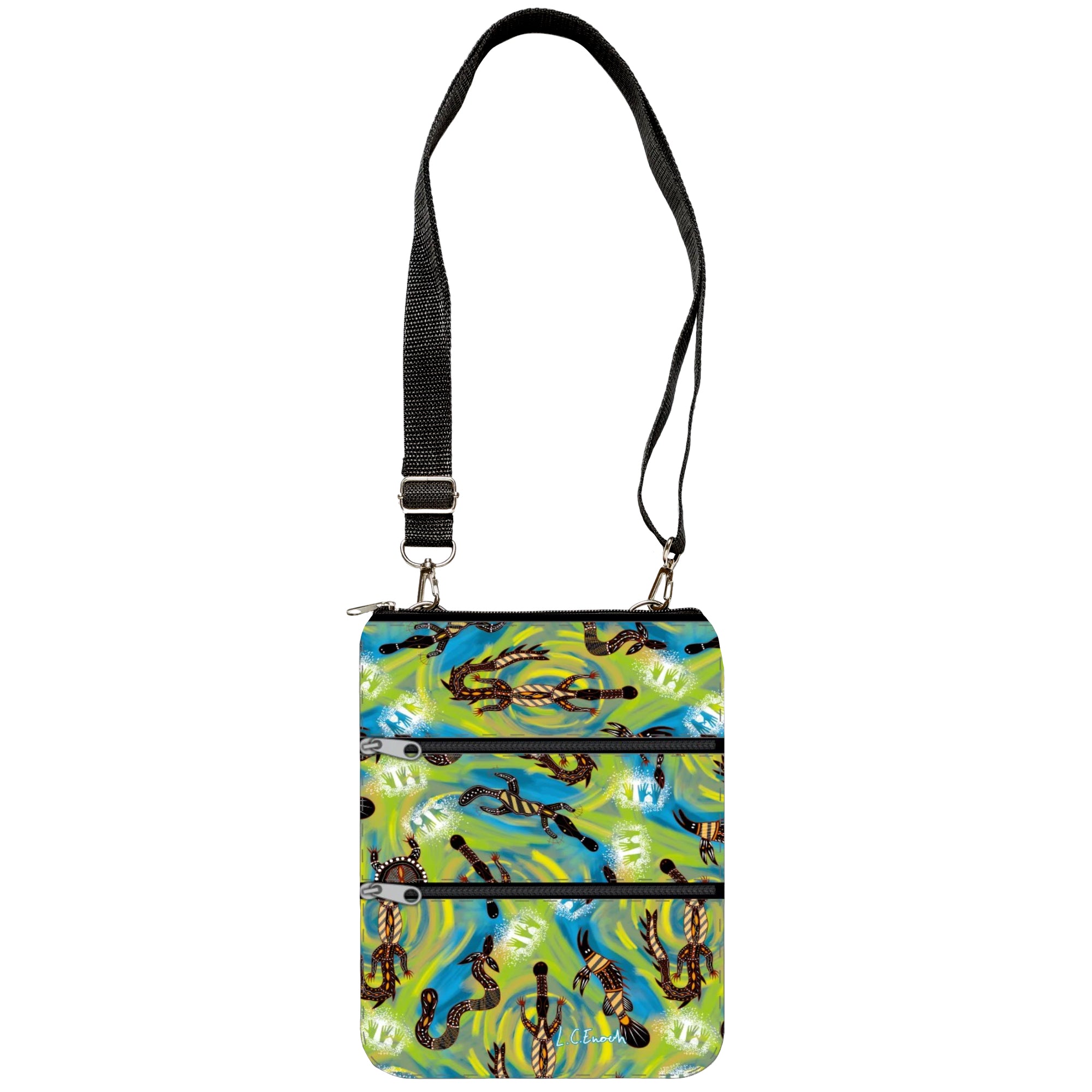 CROSS-BODY BAG, PASSPORT BAG - ABORIGINAL ART - FRESHWATER TOTEMS - AUSTRALIA, INDIGENOUS, SOUVENIR, GIFT