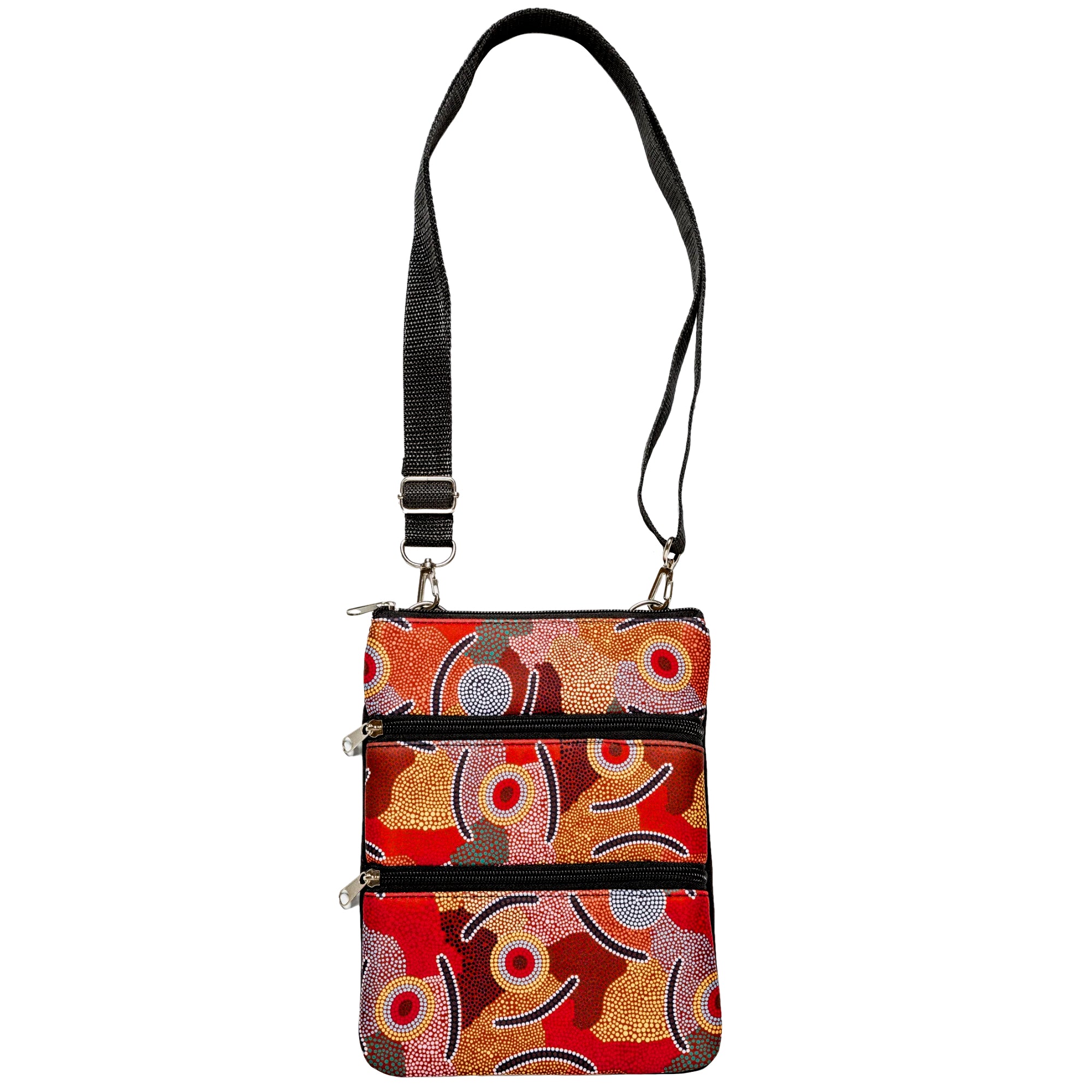 CROSS-BODY BAG, PASSPORT BAG - ABORIGINAL ART - MAN'S CEREMONY - AUSTRALIA, INDIGENOUS, SOUVENIR, GIFT