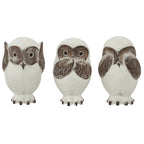 OWL FIGURINE x 3 - THREE CHEEKY OWLS, 10cmH - STANDING ORNAMENT - AUSTRALIA, SOUVENIR, GIFT, BIRD