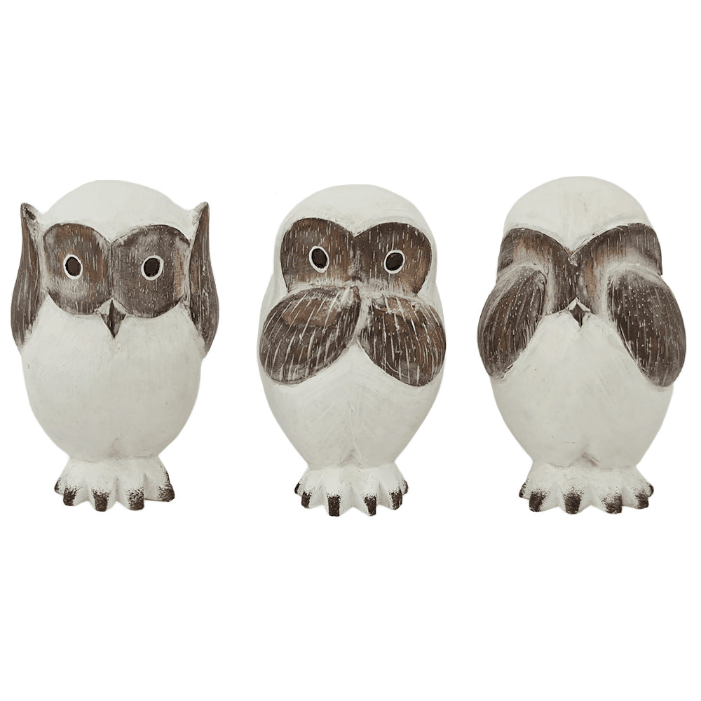 OWL FIGURINE x 3 - THREE CHEEKY OWLS, 10cmH - STANDING ORNAMENT - AUSTRALIA, SOUVENIR, GIFT, BIRD