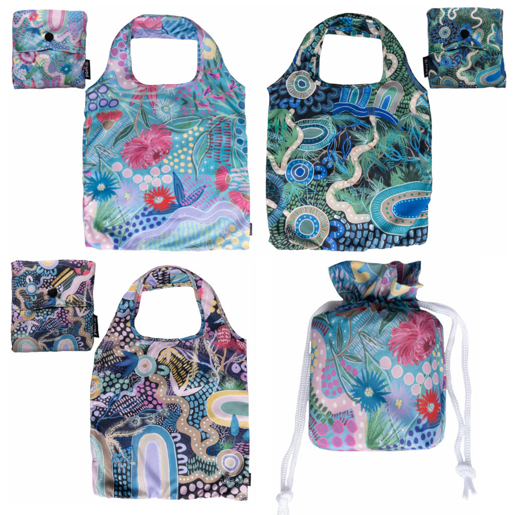 3 x SHOPPING BAGS, TOTE BAGS, BEACH BAGS, SWIMMING BAGS - ABORIGINAL ART - REUSABLE, WATERPROOF - ARTIST COLLECTION, CAITLYN DAVIES-PLUMMER - AUSTRALIA, INDIGENOUS, SOUVENIR, GIFT