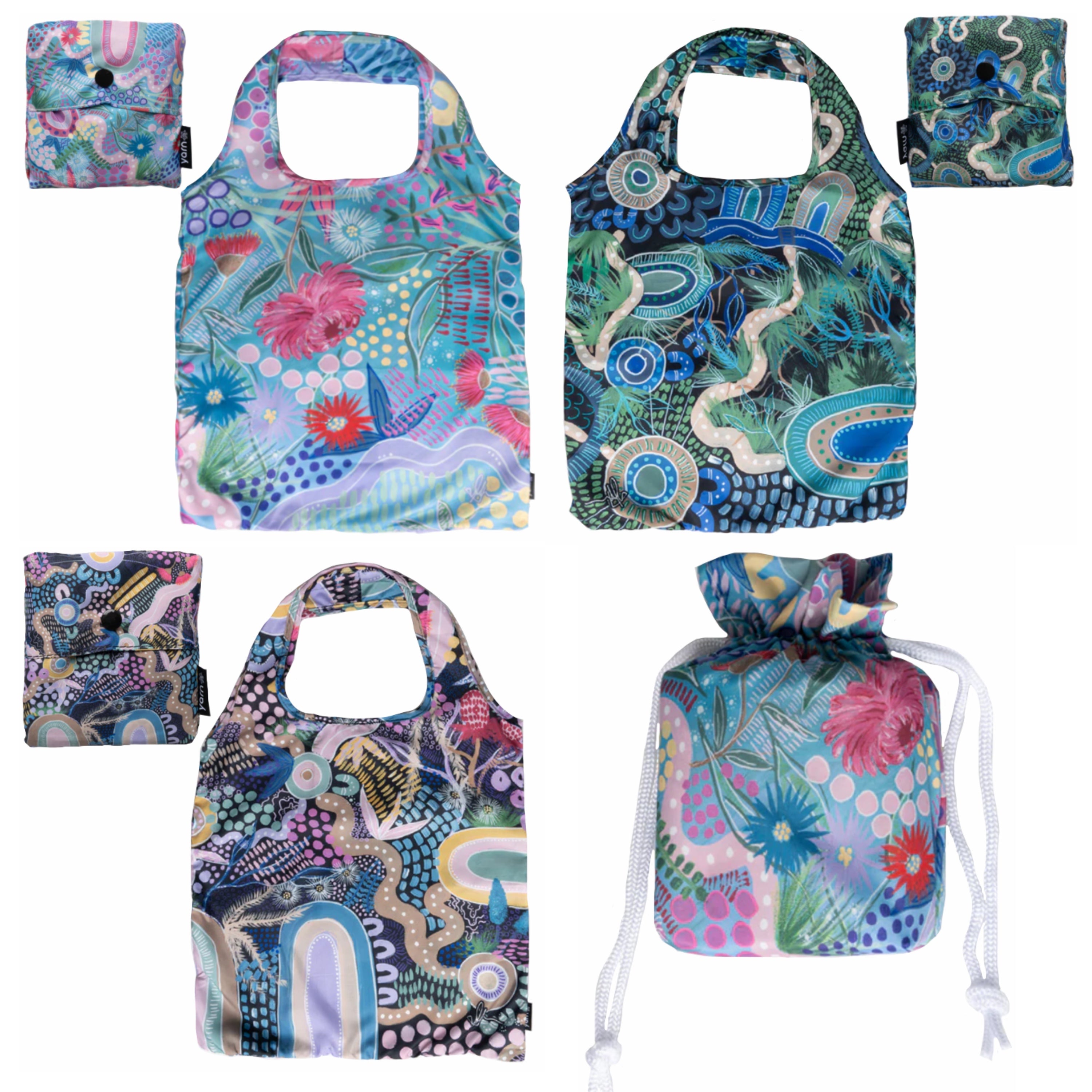 3 x SHOPPING BAGS, TOTE BAGS, BEACH BAGS, SWIMMING BAGS - ABORIGINAL ART - REUSABLE, WATERPROOF - ARTIST COLLECTION, CAITLYN DAVIES-PLUMMER - AUSTRALIA, INDIGENOUS, SOUVENIR, GIFT