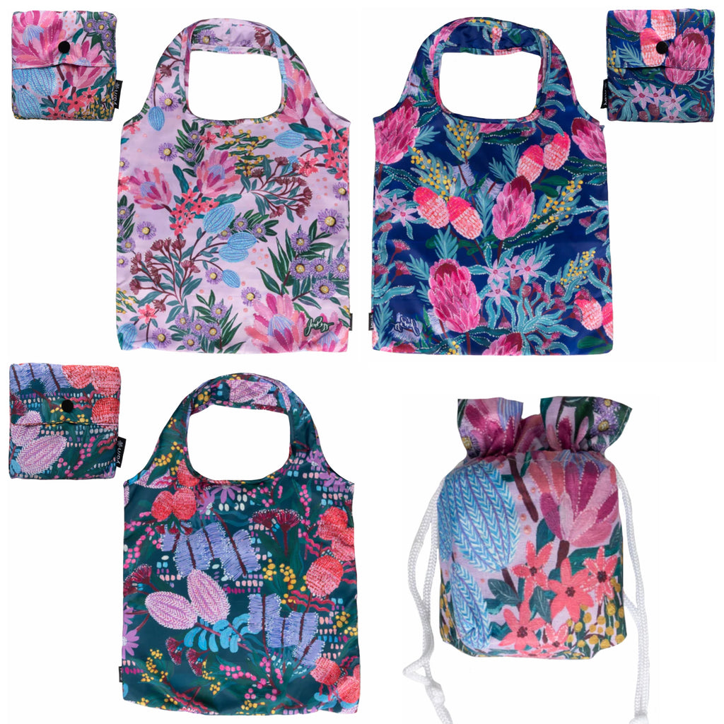 3 x SHOPPING BAGS, TOTE BAGS, BEACH BAGS, SWIMMING BAGS - ABORIGINAL ART - REUSABLE, WATERPROOF - NATIVE FLOWERS, JESSICA BEGG - AUSTRALIA, INDIGENOUS, SOUVENIR, GIFT