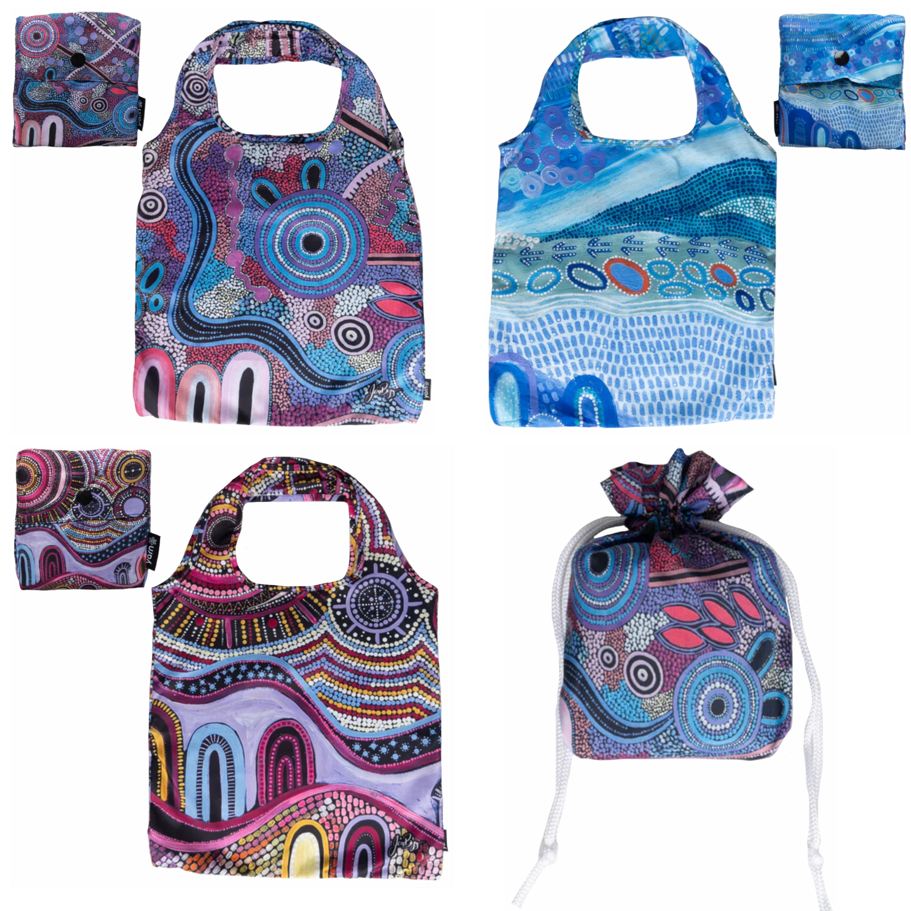 3 x SHOPPING BAGS, TOTE BAGS, BEACH BAGS, SWIMMING BAGS - ABORIGINAL ART - REUSABLE, WATERPROOF - ARTIST COLLECTION, JESSICA BEGG - AUSTRALIA, INDIGENOUS, SOUVENIR, GIFT