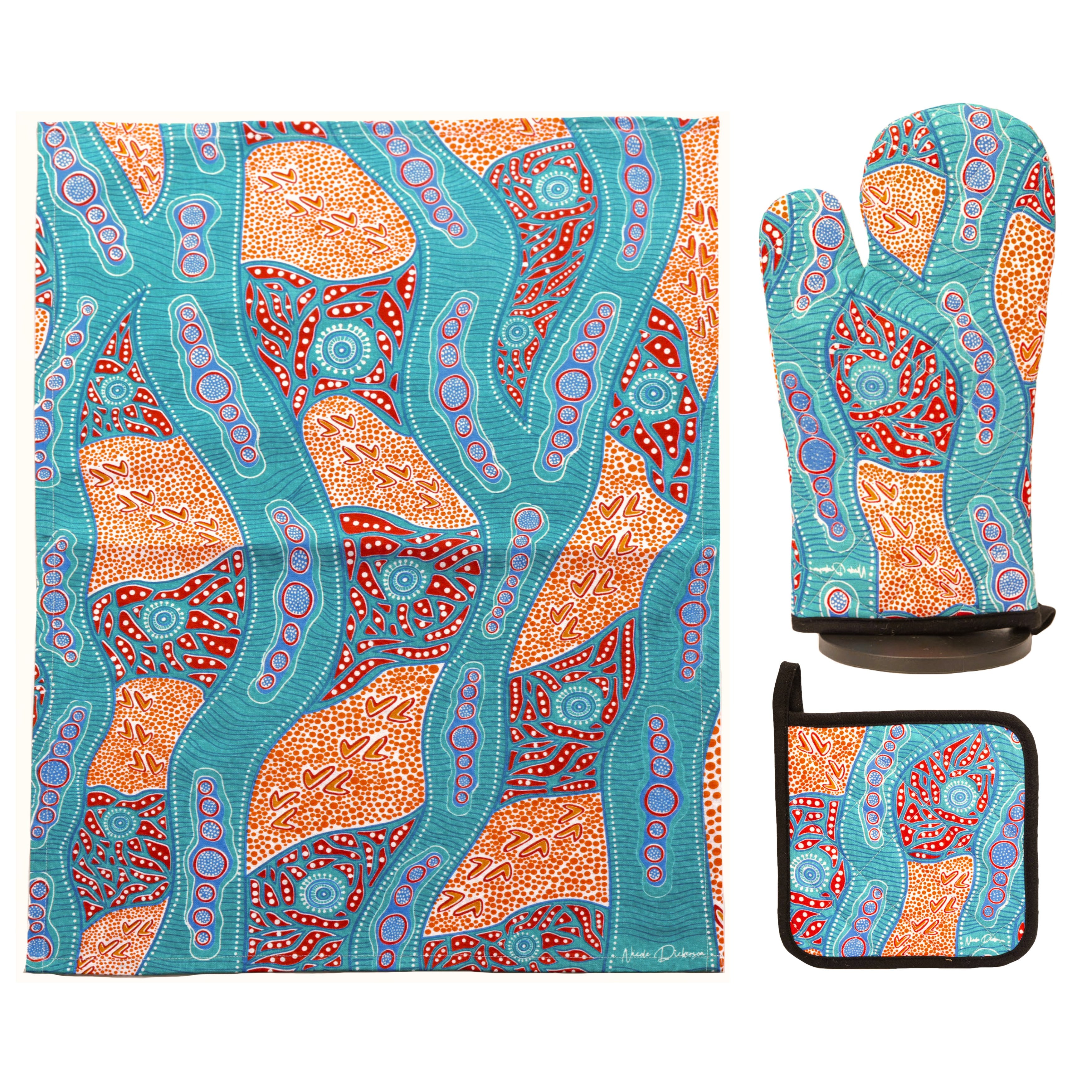 TEA TOWEL, OVEN MITT, POT HOLDER - 3-PIECE GIFT SET - ABORIGINAL ART - 100% COTTON - TRACKS ON COUNTRY - AUSTRALIA, INDIGENOUS, SOUVENIR, GIFT