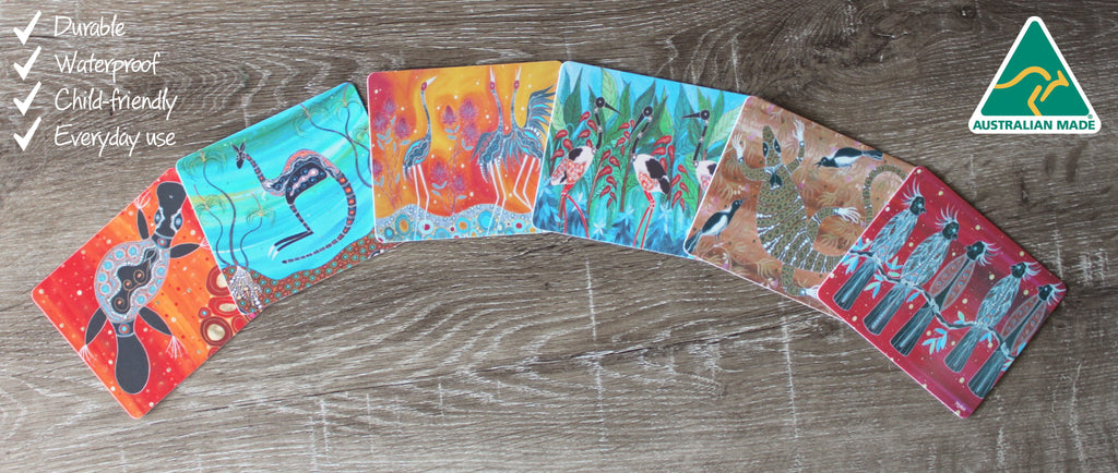 6 COASTERS - MADE IN AUSTRALIA - WATERPROOF - ABORIGINAL ANIMALS & BIRDS - SOUVENIR, GIFT