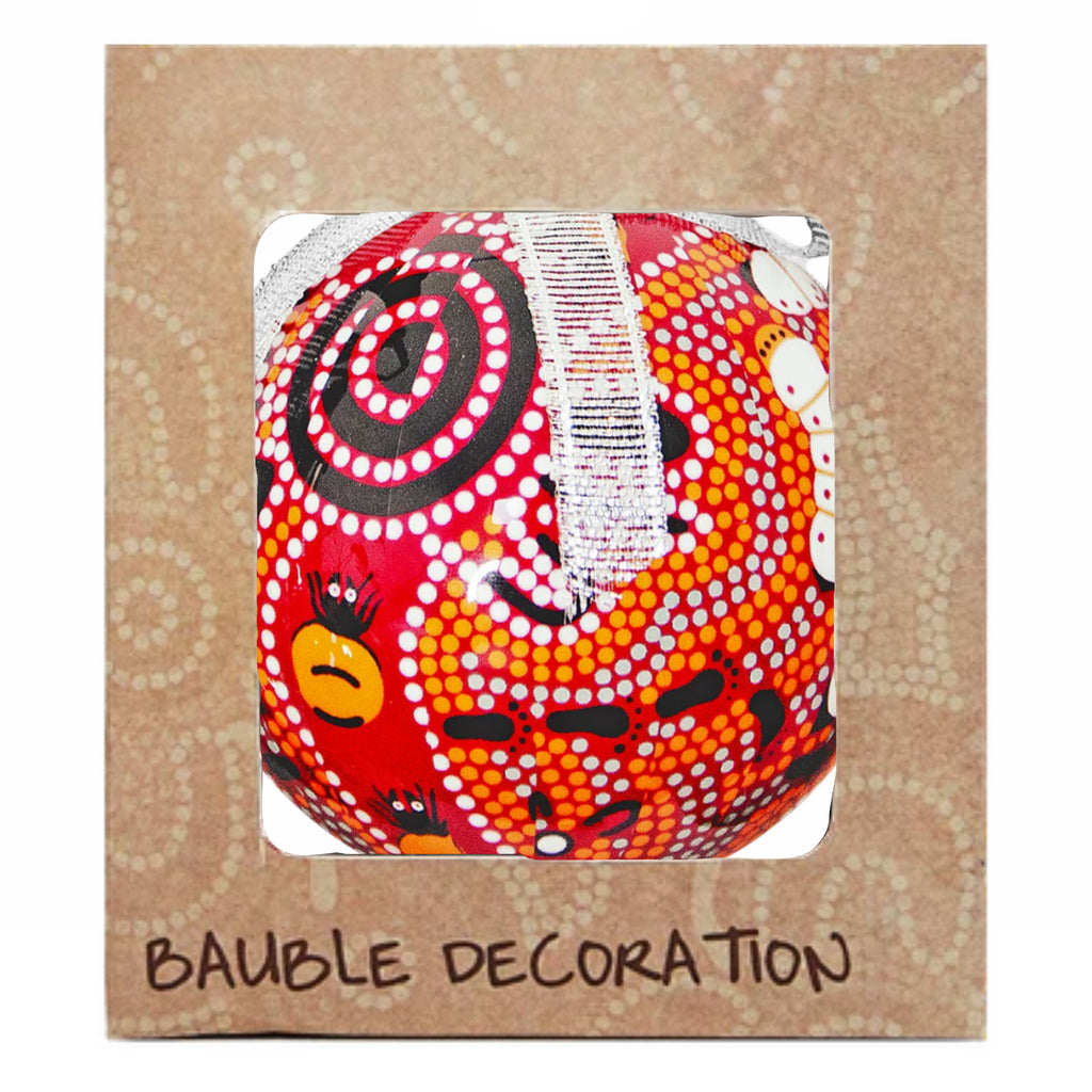CHRISTMAS BAUBLE - HANGING - 75mm - ABORIGINAL ART - BUSH TUCKER TAN - AUSTRALIA, INDIGENOUS, SOUVENIR, GIFT, XMAS TREE