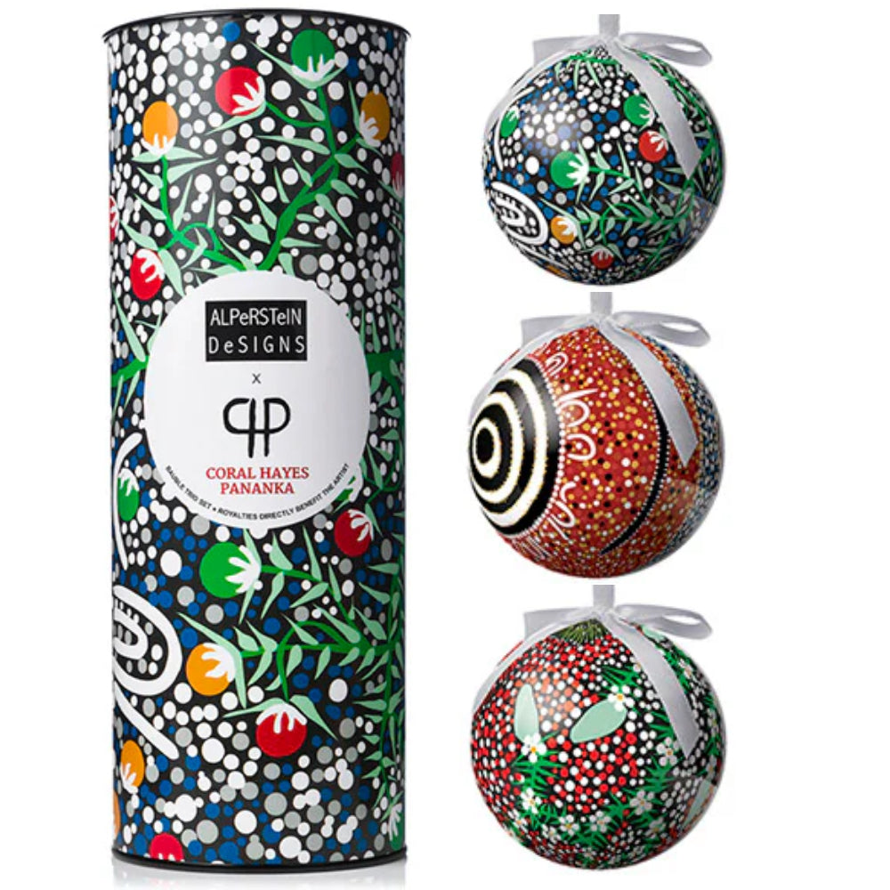3 x CHRISTMAS BAUBLES -  HANGING, 80mmD - ABORIGINAL ART - CORAL HAYES - AUSTRALIA, INDIGENOUS, SOUVENIR, GIFT, XMAS TREE