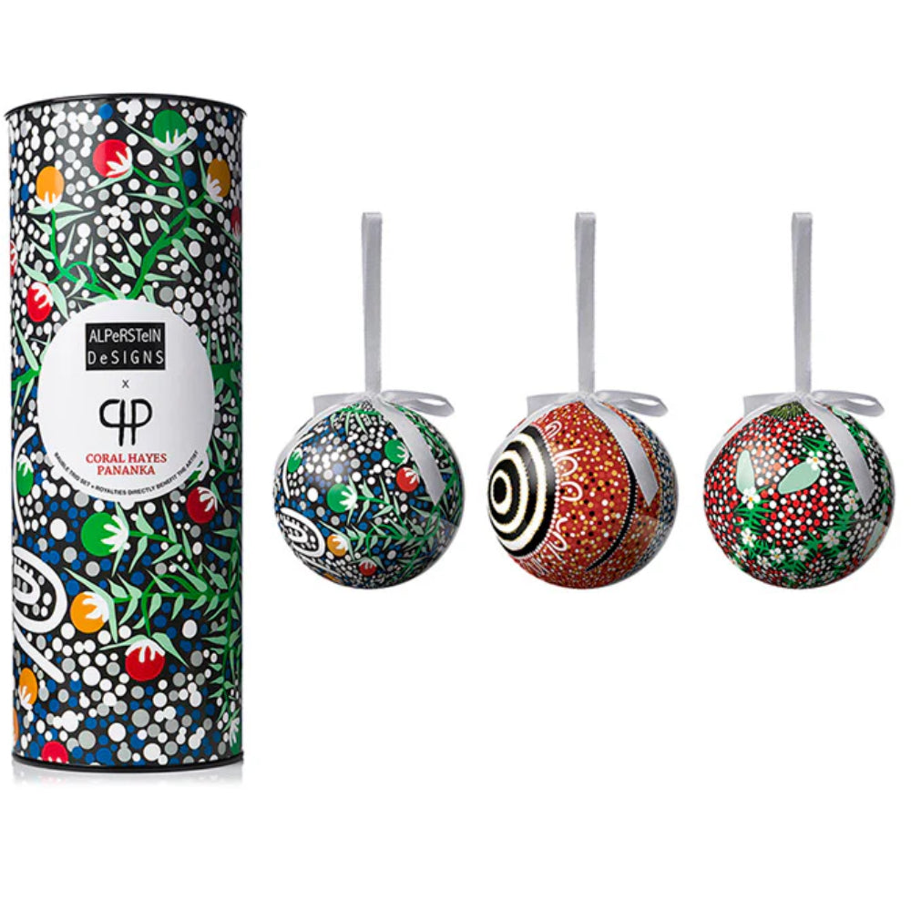 3 x CHRISTMAS BAUBLES -  HANGING, 80mmD - ABORIGINAL ART - CORAL HAYES - AUSTRALIA, INDIGENOUS, SOUVENIR, GIFT, XMAS TREE