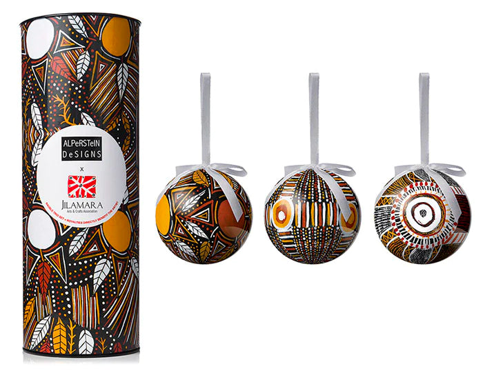 3 x CHRISTMAS BAUBLES -  HANGING, 80mmD - ABORIGINAL ART - JILMARA - AUSTRALIA, INDIGENOUS, SOUVENIR, GIFT, XMAS TREE