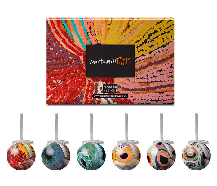 6 x CHRISTMAS BAUBLES -  HANGING, 80mmD - ABORIGINAL ART - MARTUMILI - AUSTRALIA, INDIGENOUS, SOUVENIR, GIFT, XMAS TREE