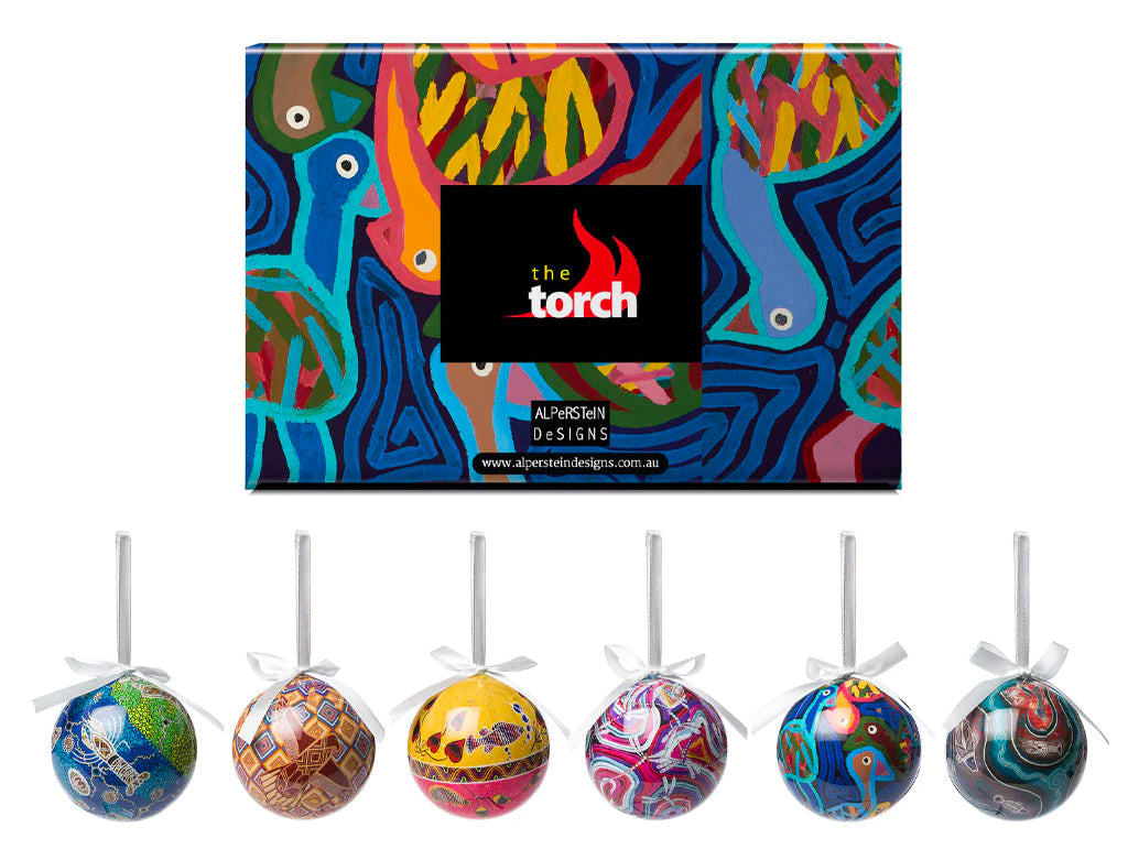 6 x CHRISTMAS BAUBLES -  HANGING, 80mmD - ABORIGINAL ART - THE TORCH - AUSTRALIA, INDIGENOUS, SOUVENIR, GIFT, XMAS TREE