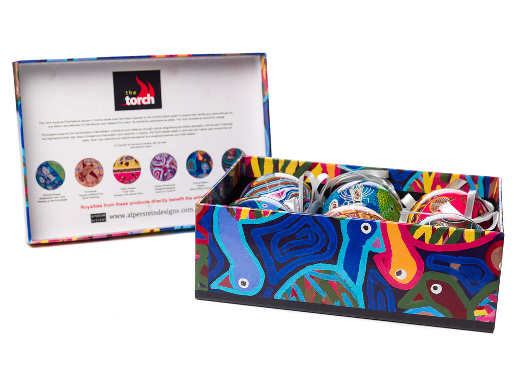 6 x CHRISTMAS BAUBLES -  HANGING, 80mmD - ABORIGINAL ART - THE TORCH - AUSTRALIA, INDIGENOUS, SOUVENIR, GIFT, XMAS TREE