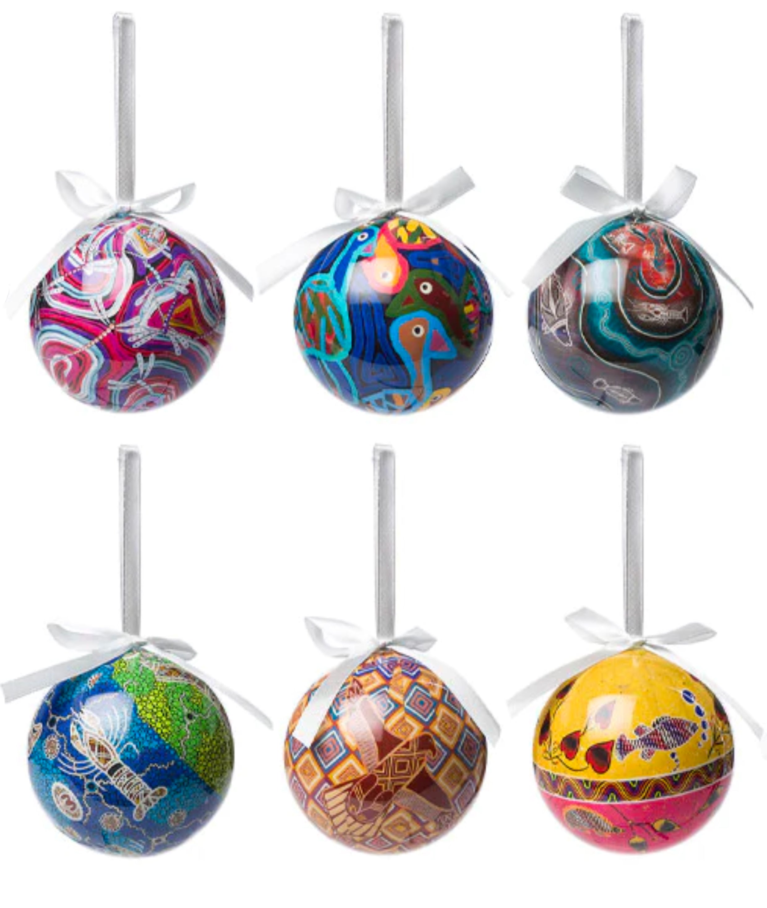 6 x CHRISTMAS BAUBLES -  HANGING, 80mmD - ABORIGINAL ART - THE TORCH - AUSTRALIA, INDIGENOUS, SOUVENIR, GIFT, XMAS TREE
