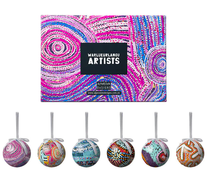 6 x CHRISTMAS BAUBLES -  HANGING, 80mmD - ABORIGINAL ART - WARLUKURLANGU - AUSTRALIA, INDIGENOUS, SOUVENIR, GIFT, XMAS TREE